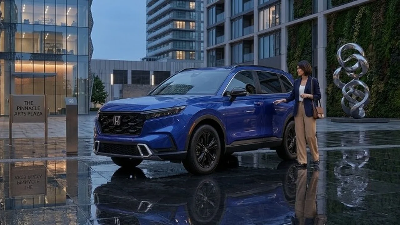 2026 Honda CR-V in Canyon River Blue parked in an urban plaza