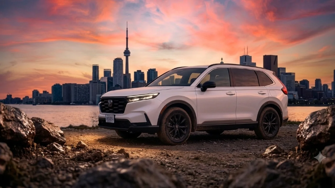 2026 Honda CR-V Hybrid overlooking the GTA skyline at sunset