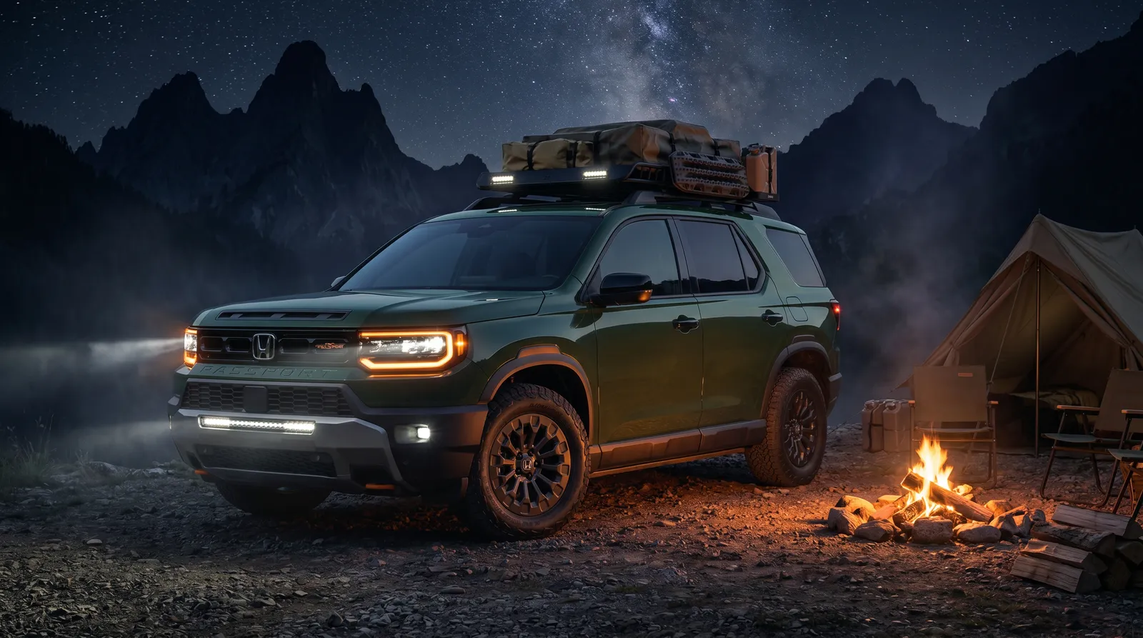 2026 Honda Passport TrailSport at a night campsite