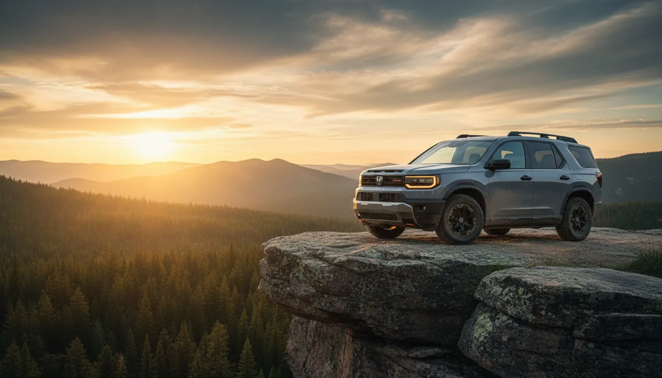 2026 Honda Passport TrailSport overlooking a mountain forest at sunset