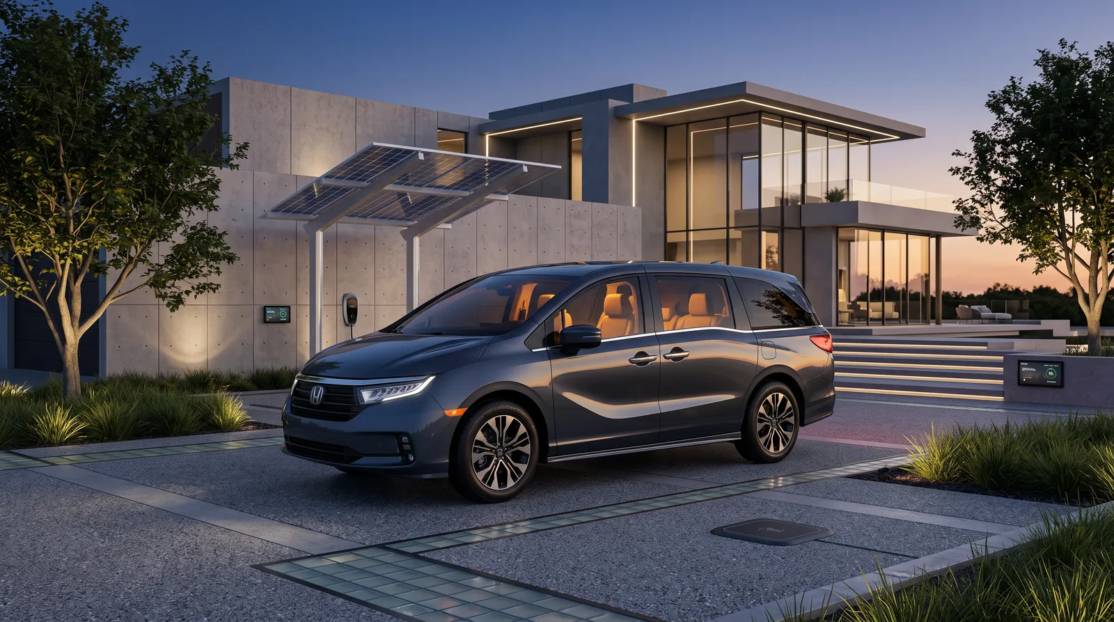 2026 Honda Odyssey Touring parked in a modern driveway at dusk