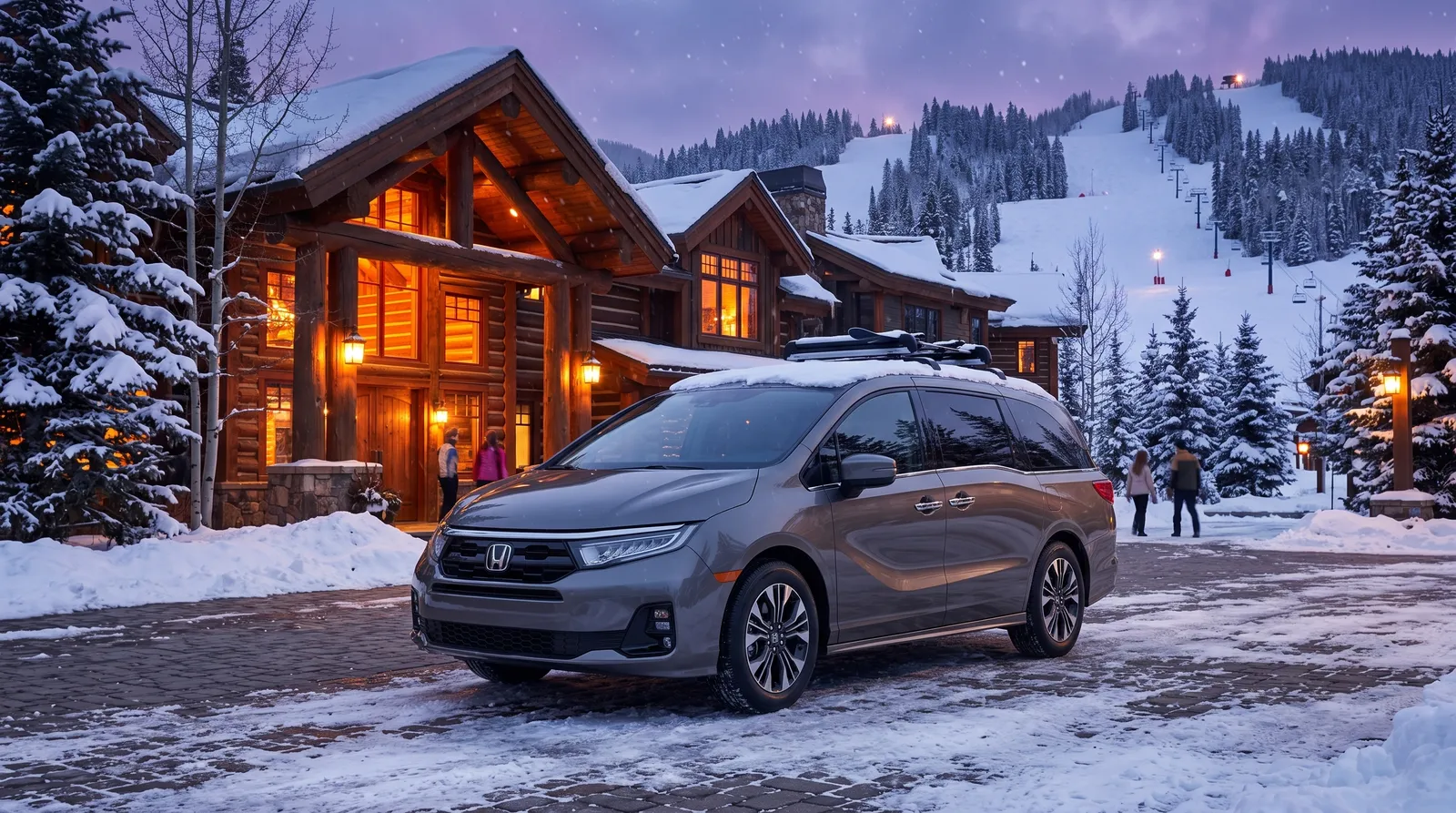 2026 Honda Odyssey Touring parked outside a snowy lodge for a winter family getaway
