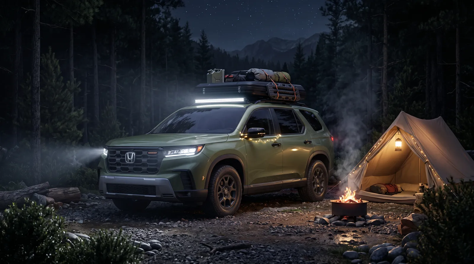 AI-generated 2026 Honda Pilot TrailSport illustration at a night campsite
