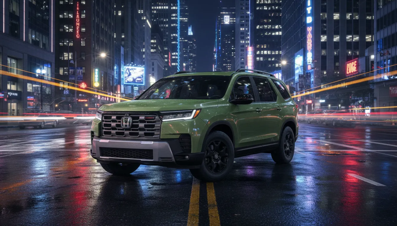 AI-generated 2026 Honda Pilot TrailSport illustration in an urban night scene