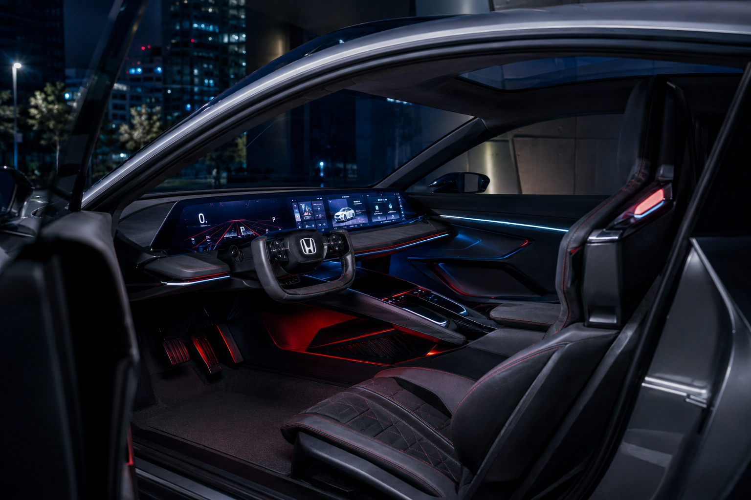 AI-generated 2028 Honda Civic concept cockpit viewed through the driver door