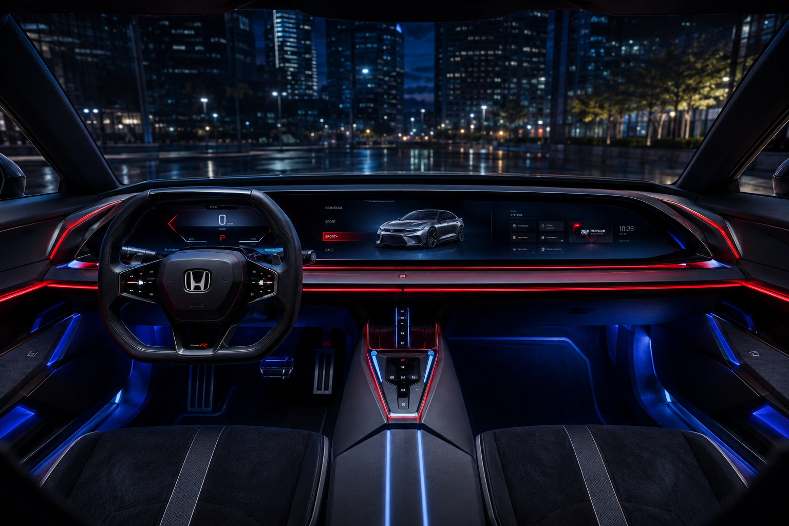 AI-generated 2028 Honda Civic concept dashboard and steering wheel