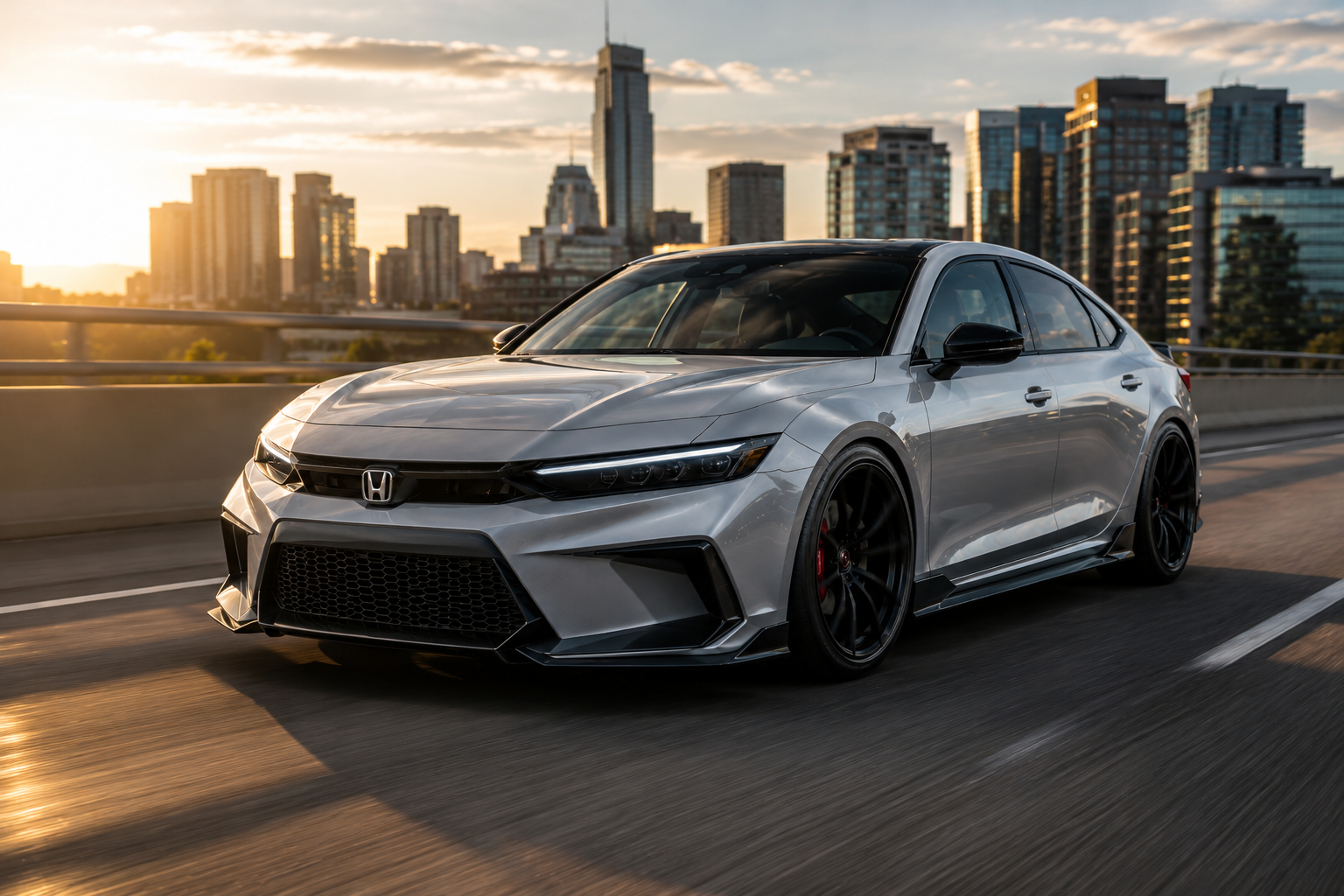 AI-generated 2028 Honda Civic concept driving through a city