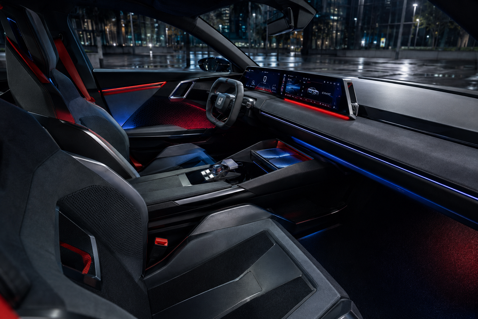 AI-generated 2028 Honda Civic concept interior viewed from the passenger side