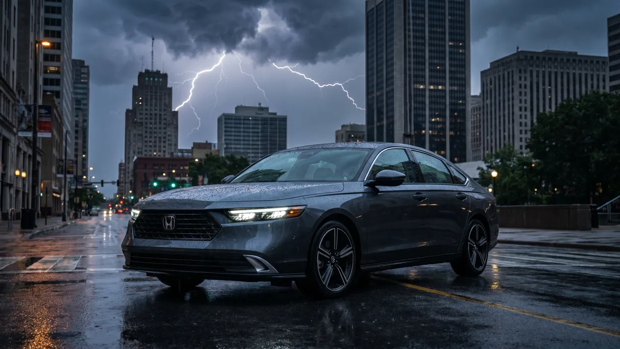 AI-generated illustration of a grey Honda Accord Hybrid on a rain-soaked city street during a lightning storm