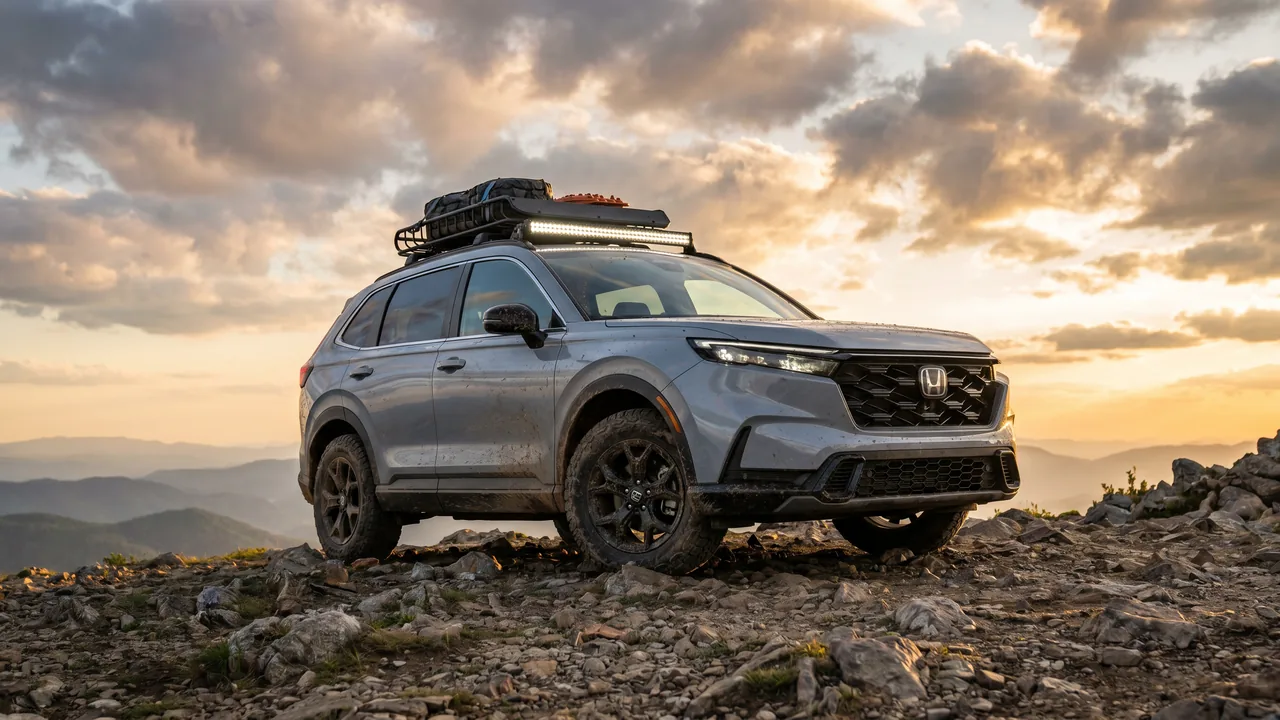 AI-generated illustration of a grey 2026 Honda CR-V TrailSport Hybrid on a rocky mountain at sunset