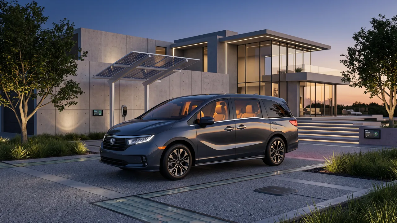 AI-generated illustration of a grey Honda Odyssey outside a solar-equipped modern home at dusk