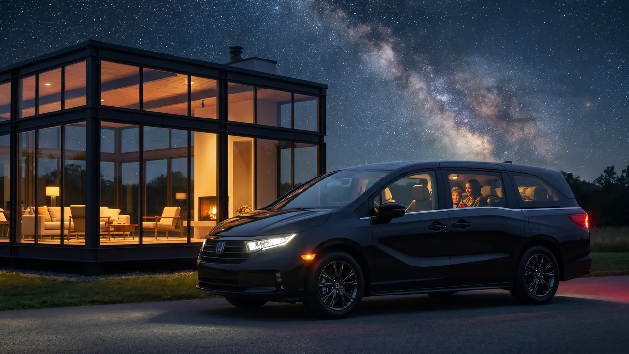 AI-generated illustration of a black Honda Odyssey beside a modern home under a star-filled sky