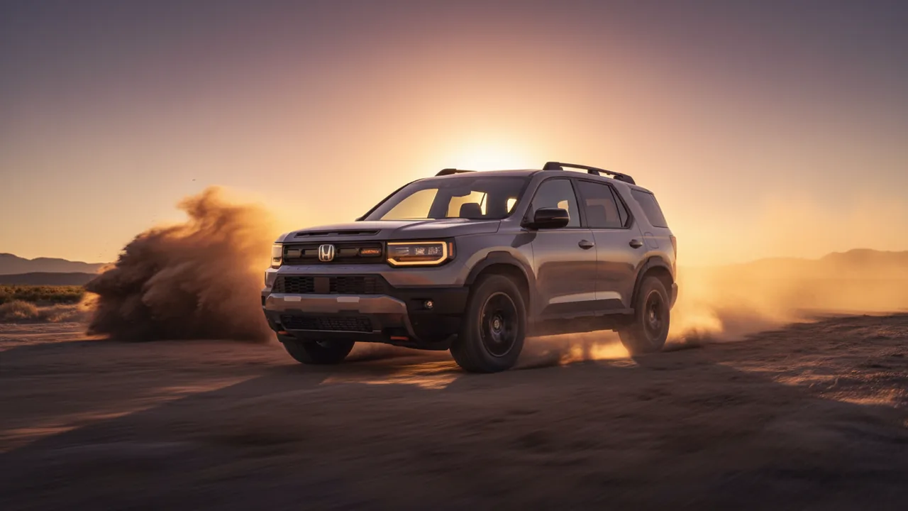 AI-generated illustration of a grey Honda Passport TrailSport driving through desert dust at sunset