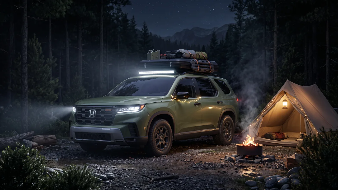 AI-generated illustration of a green Honda Pilot TrailSport beside a lit campsite at night
