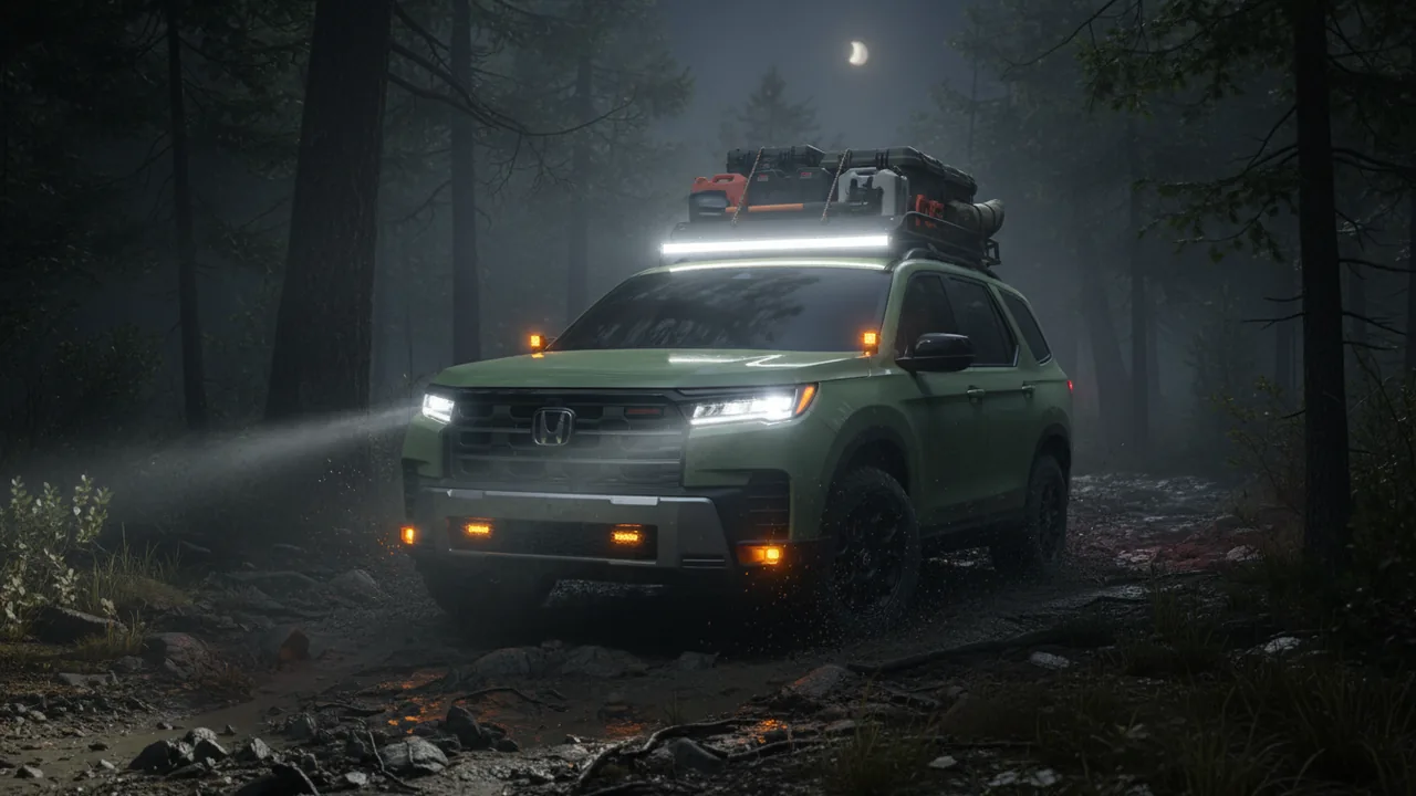 AI-generated illustration of a green Honda Pilot TrailSport driving through a wet forest at night