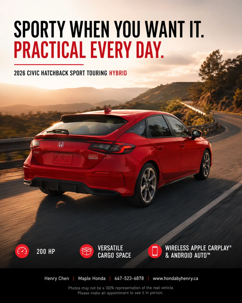 AI-generated red 2026 Honda Civic Hatchback Sport Touring Hybrid poster