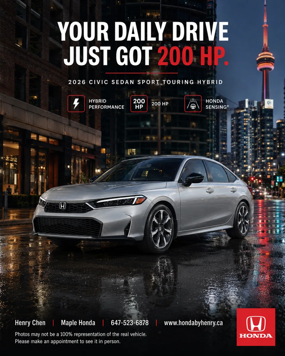 AI-generated silver 2026 Honda Civic Sedan Sport Touring Hybrid city poster