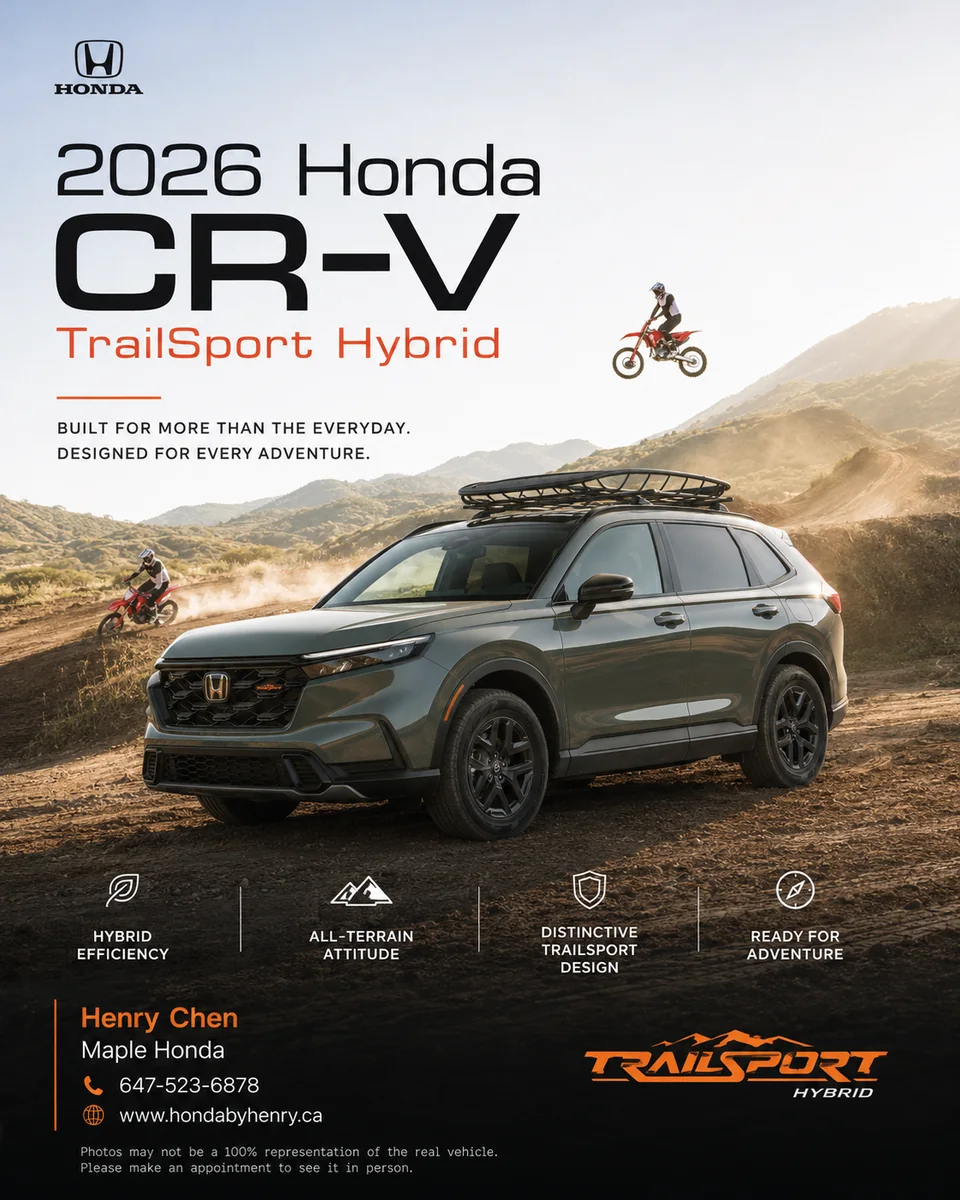 AI-generated grey 2026 Honda CR-V TrailSport Hybrid adventure poster