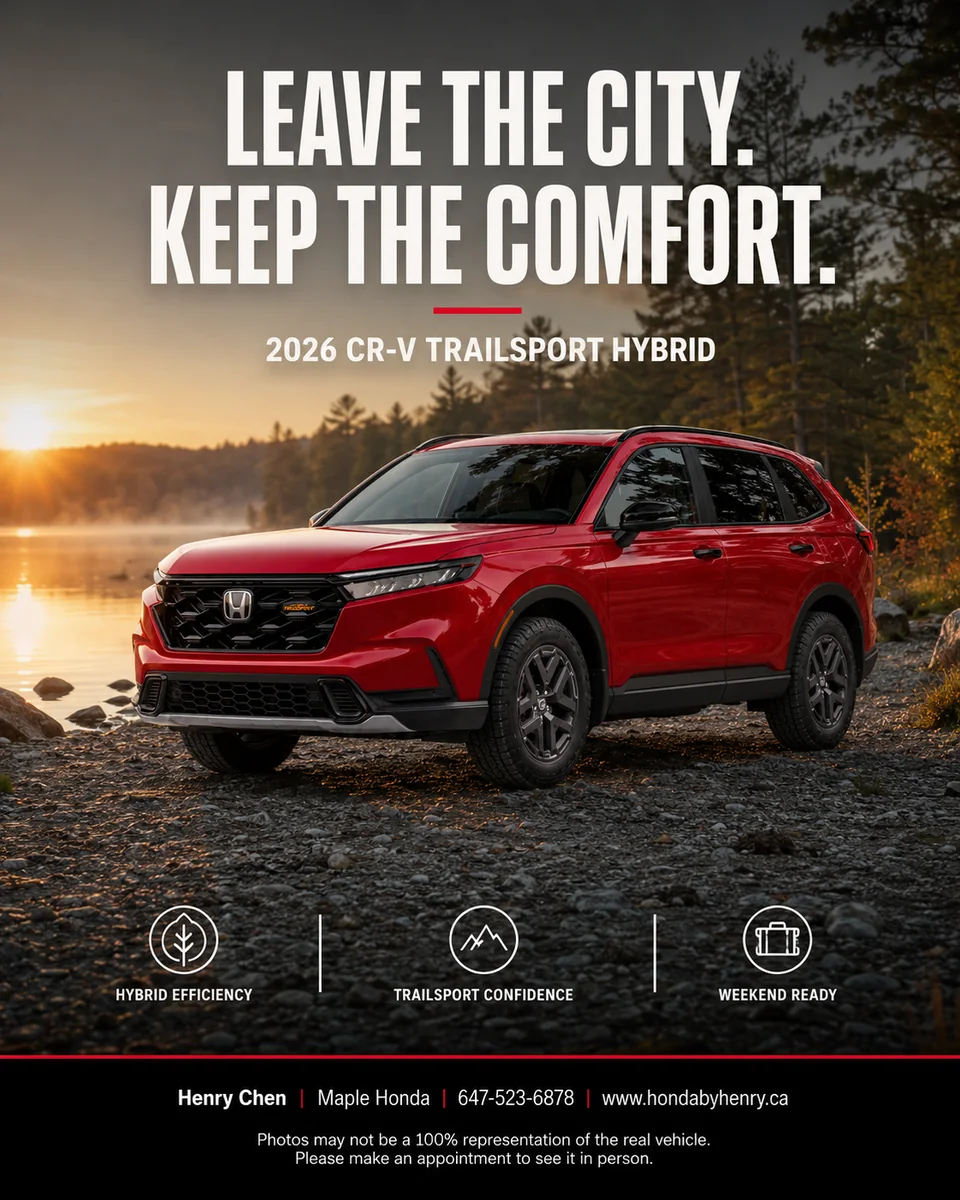 AI-generated red 2026 Honda CR-V TrailSport Hybrid lakeside poster