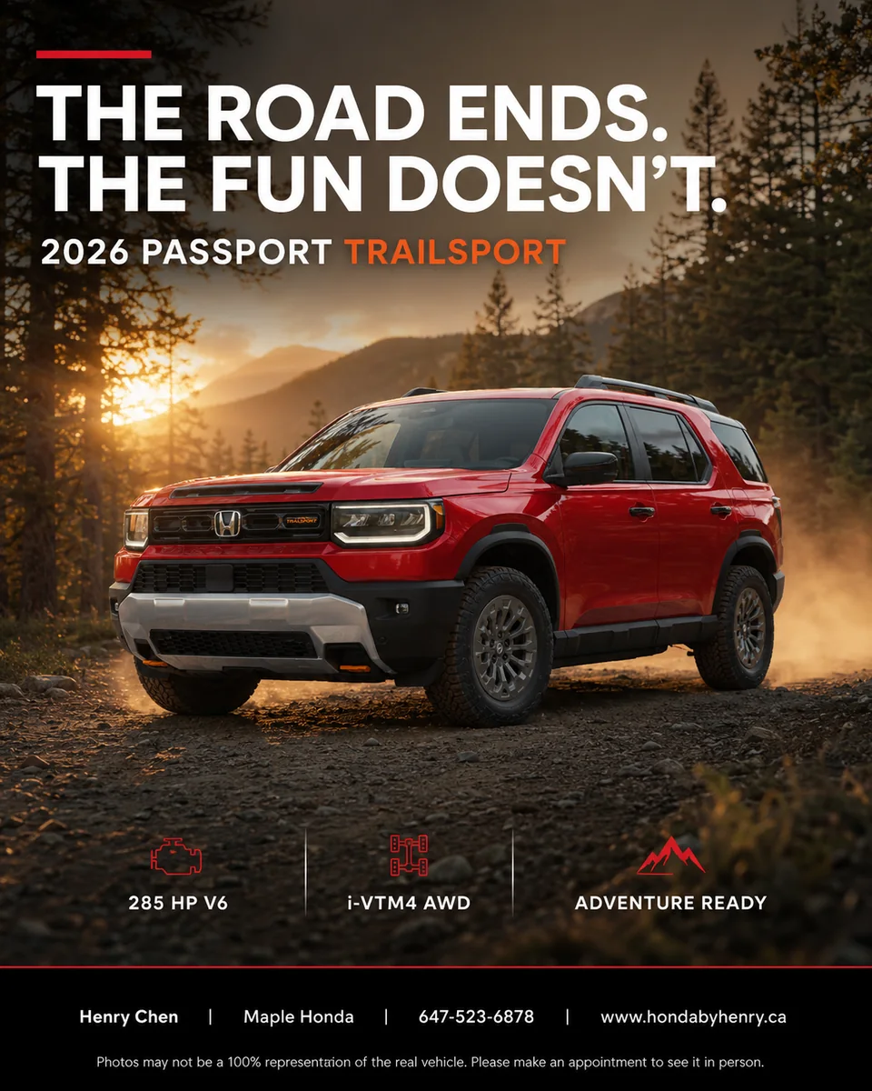 AI-generated red 2026 Honda Passport TrailSport sunset poster