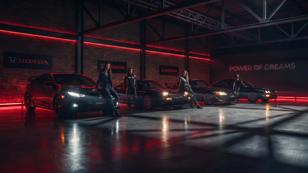 AI-generated Honda Type R heritage montage in a red-lit studio with Power of Dreams lettering