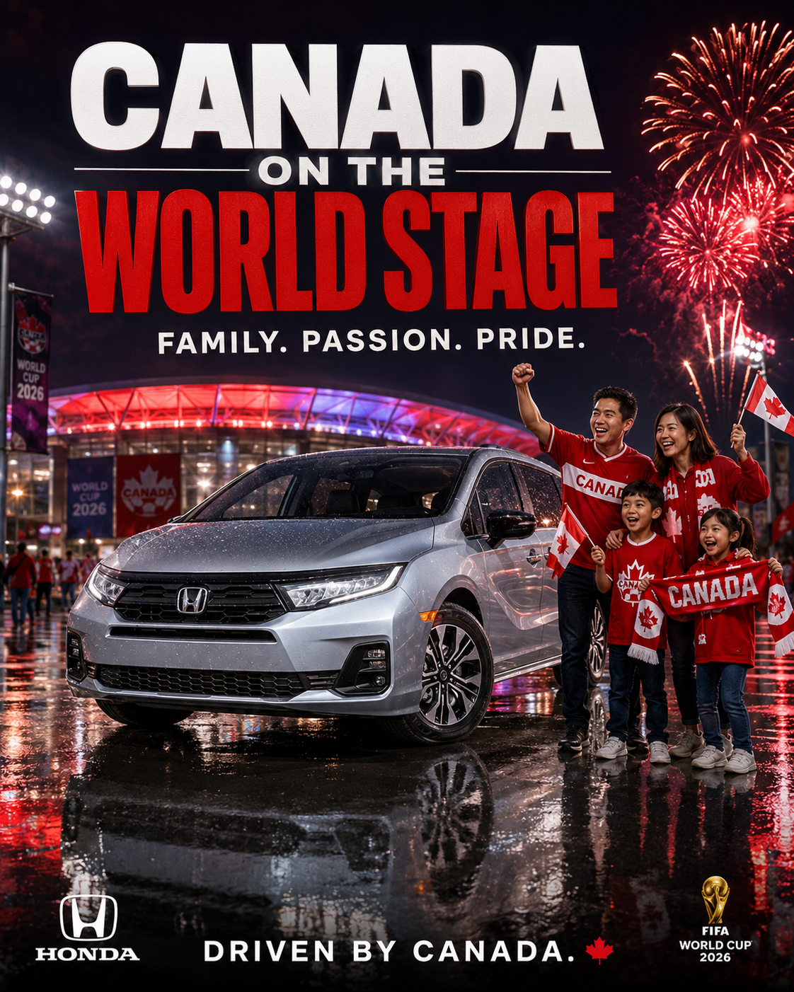 A silver Honda CR-V parked in front of the World Cup 2026 stadium at night with a Canadian family in red Canada gear waving flags and a banner reading Canada on the World Stage