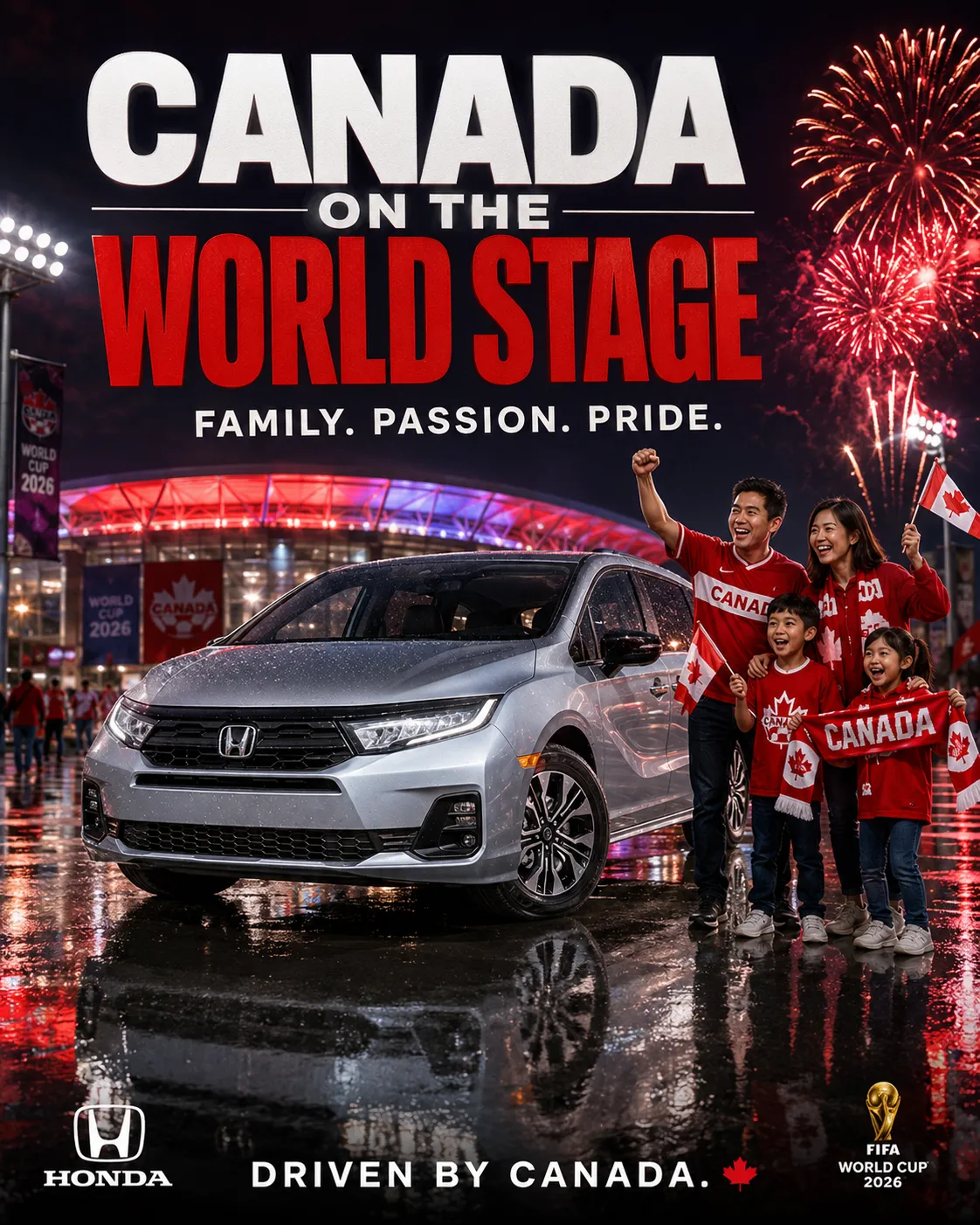 A silver Honda CR-V parked in front of the World Cup 2026 stadium at night with a Canadian family in red Canada gear waving flags and a banner reading Canada on the World Stage