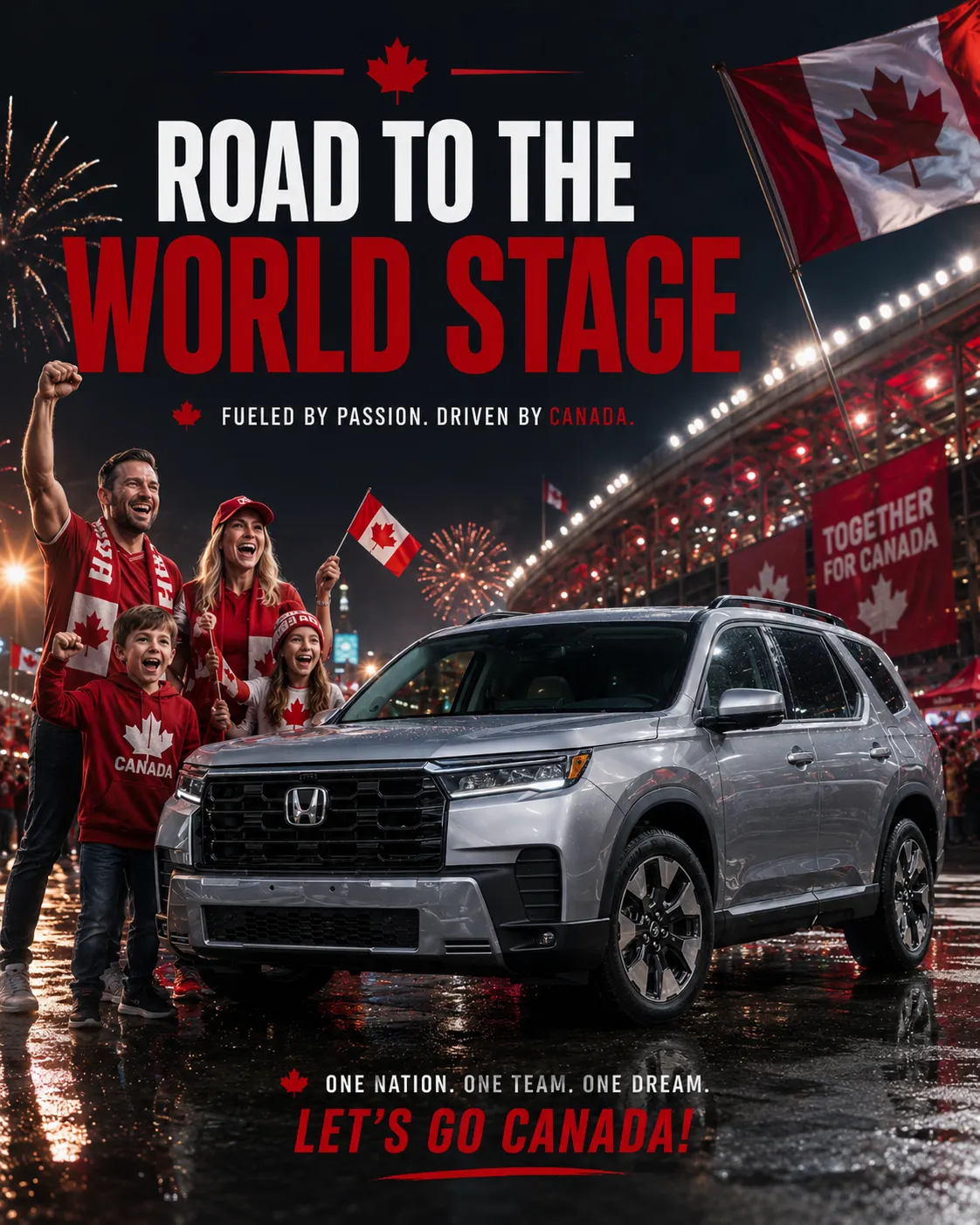 A silver Honda CR-V parked in front of the World Cup 2026 stadium with a Canadian family in red Canada jerseys celebrating under fireworks, captioned Road to the World Stage, Fueled by Passion, Driven by Canada