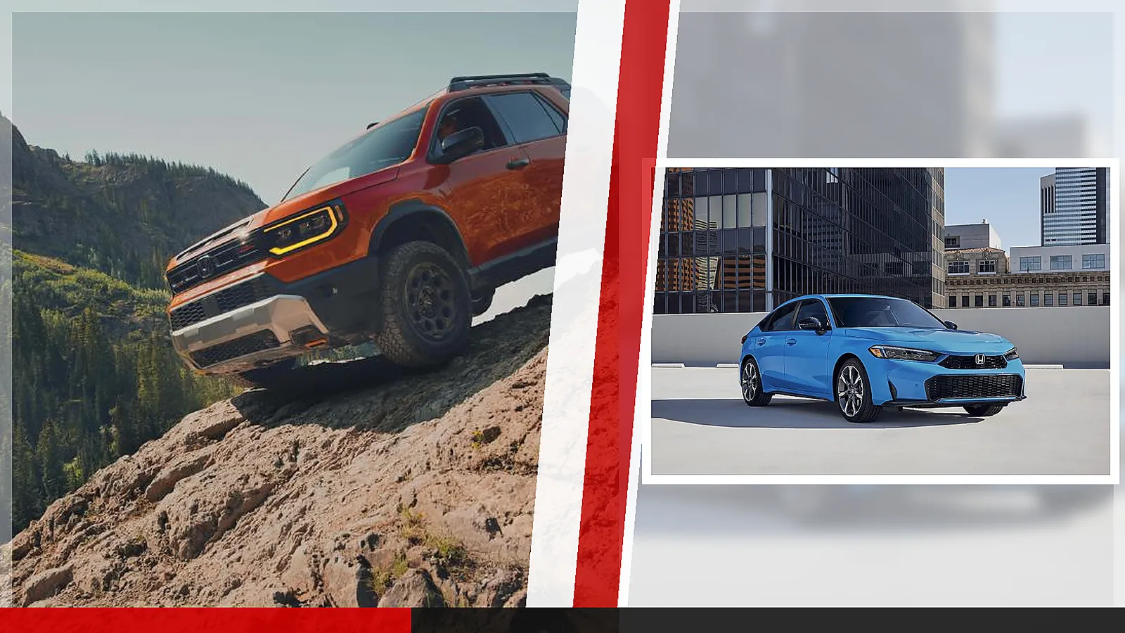 Editorial poster using Honda press photos of the 2026 Passport and current Civic for North American Honda manufacturing context