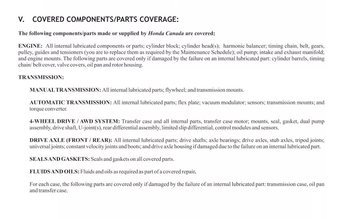 Honda Canada covered components and parts coverage list for powertrain warranty, including engine, transmission, four-wheel drive, drive axle, seals and fluids