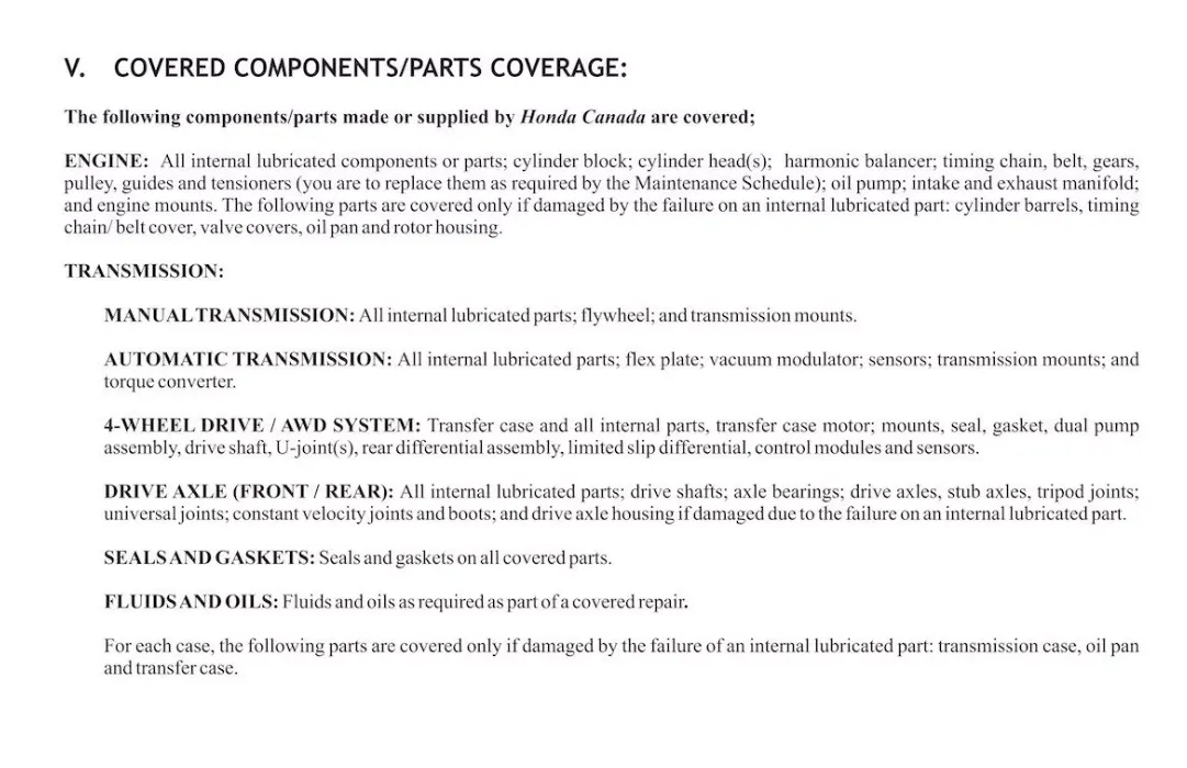 Honda Canada covered components and parts coverage list for powertrain warranty, including engine, transmission, four-wheel drive, drive axle, seals and fluids