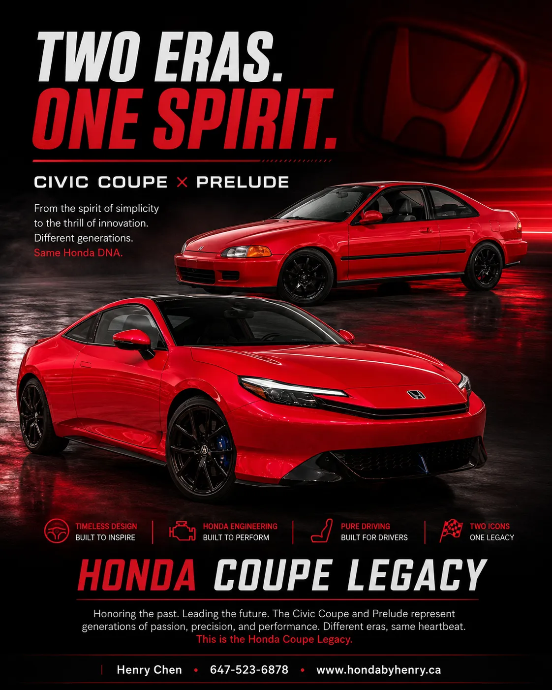 Honda Coupe Legacy poster showing a red Civic Coupe and red Honda Prelude with the headline Two Eras One Spirit