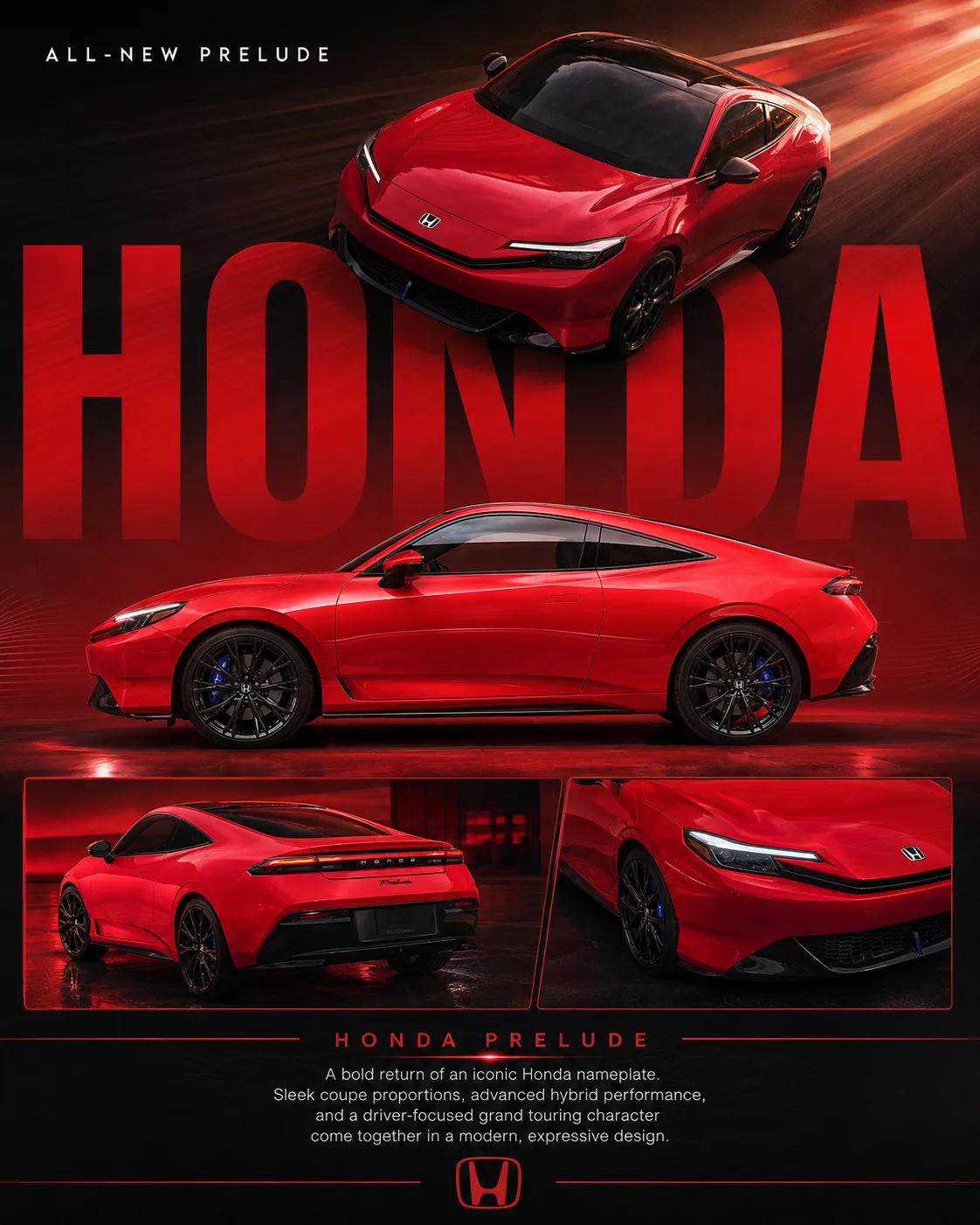 All-new Honda Prelude poster showing a red coupe from multiple angles