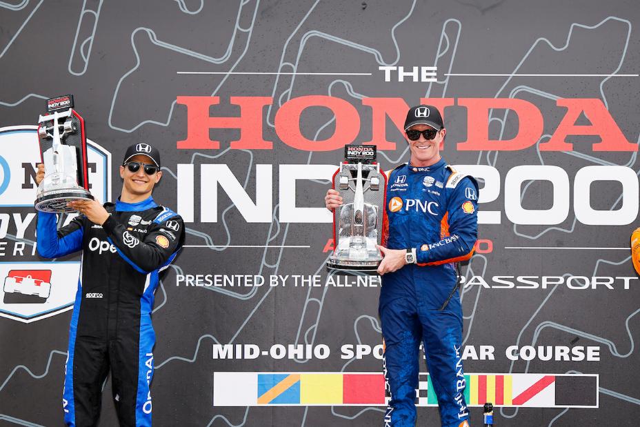 Alex Palou and Scott Dixon on the podium at a Honda IndyCar race