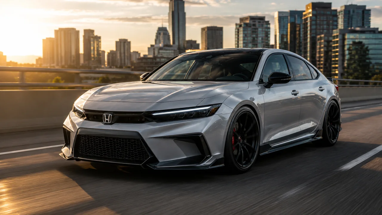 Unofficial concept rendering of a futuristic silver Honda Civic from the front three-quarter angle