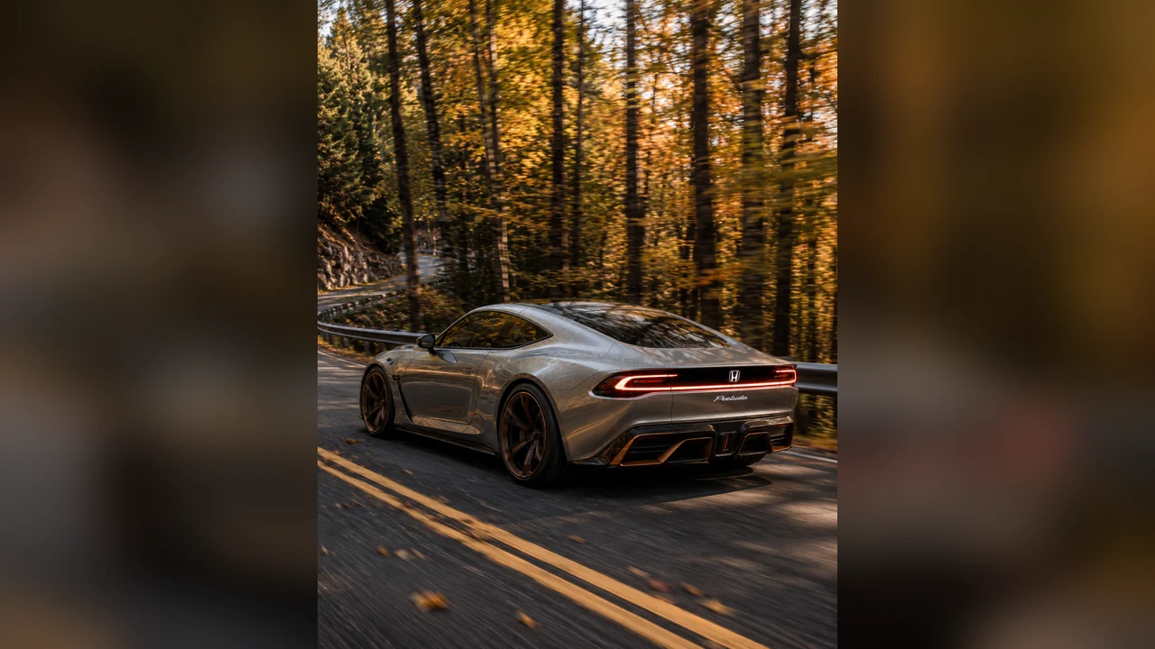 AI-generated silver next-generation Honda Prelude concept driving on a winding forest road