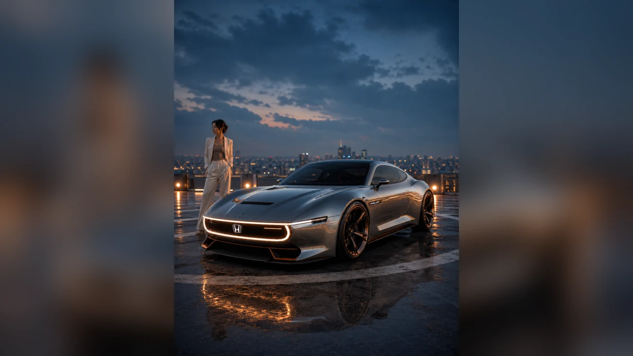 AI-generated silver next-generation Honda Prelude concept from the front three-quarter angle at dusk
