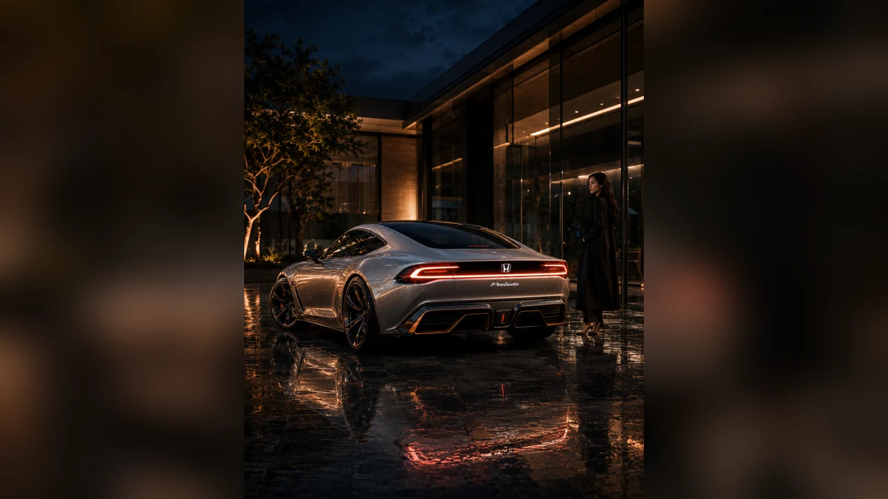 AI-generated next-generation Honda Prelude concept from the rear at night