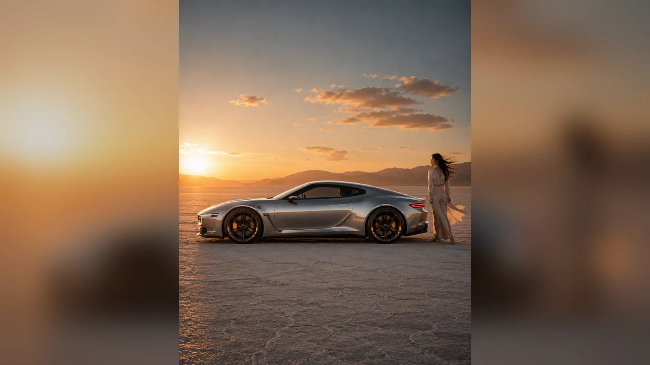 AI-generated silver next-generation Honda Prelude concept shown in a low side profile at sunset