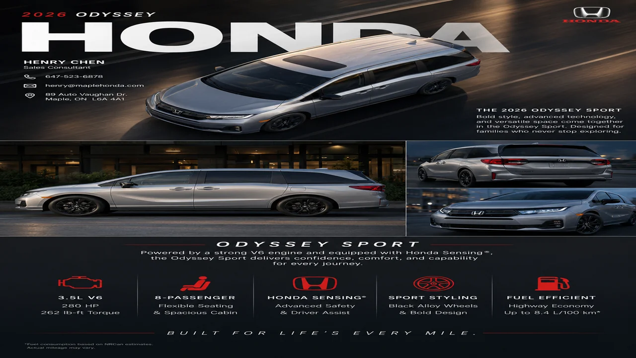 2026 Honda Odyssey Sport in silver with the Henry Chen Maple Honda contact card