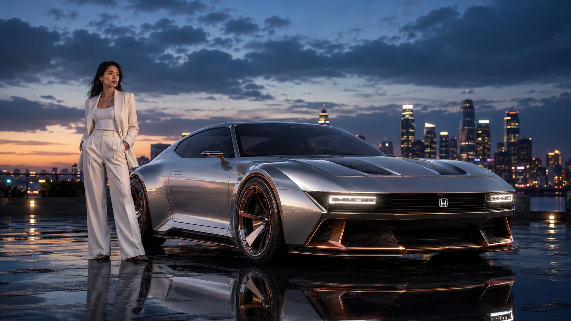 AI-created silver Honda Prelude concept beside a city skyline at dusk