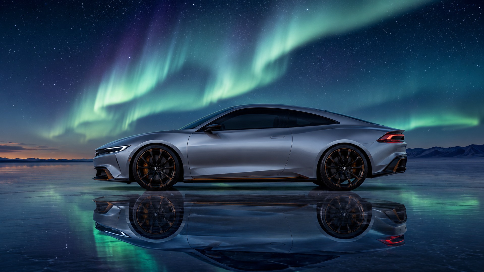 AI-created silver Honda Prelude concept under the aurora