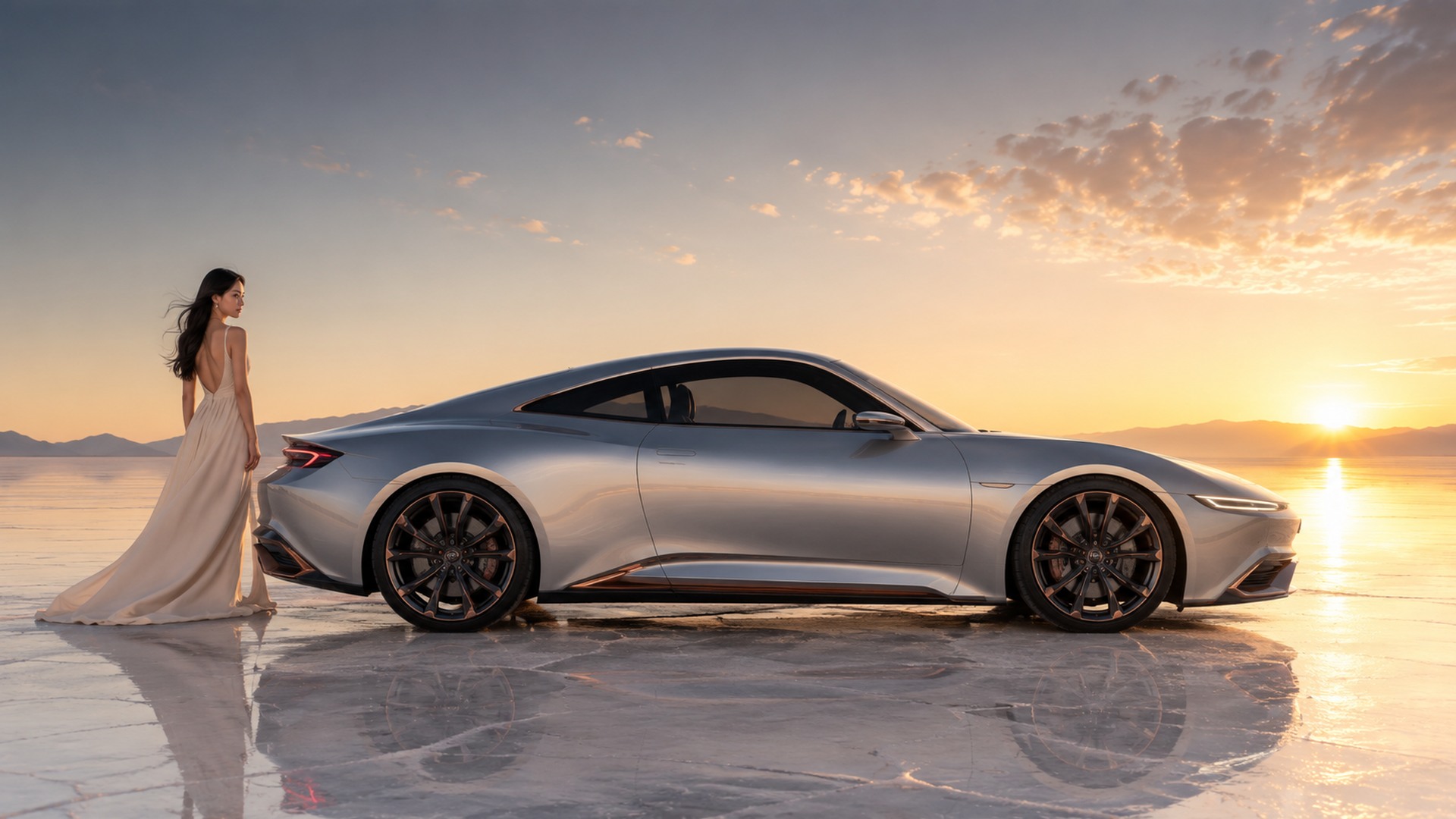 AI-created silver Honda Prelude concept on a golden salt flat