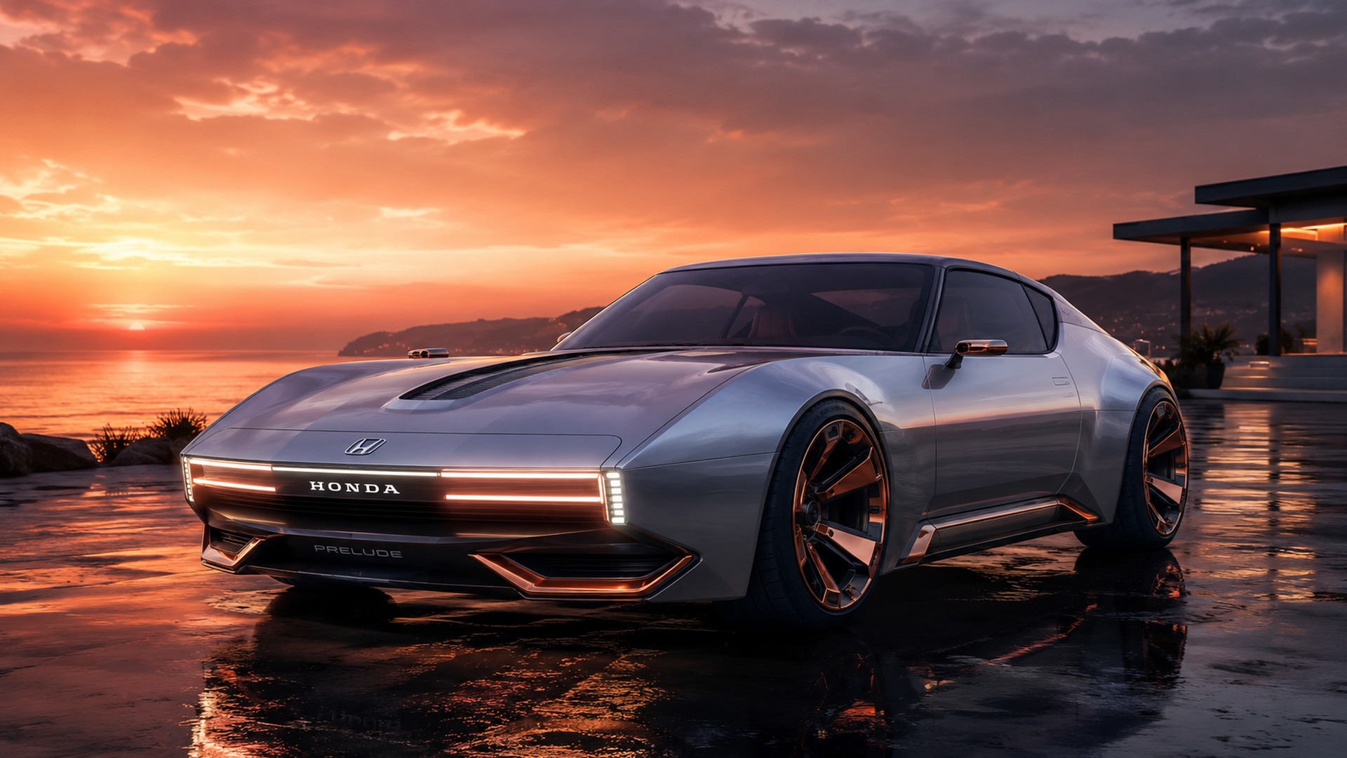 AI-created retro Honda Prelude concept beside the ocean at sunset