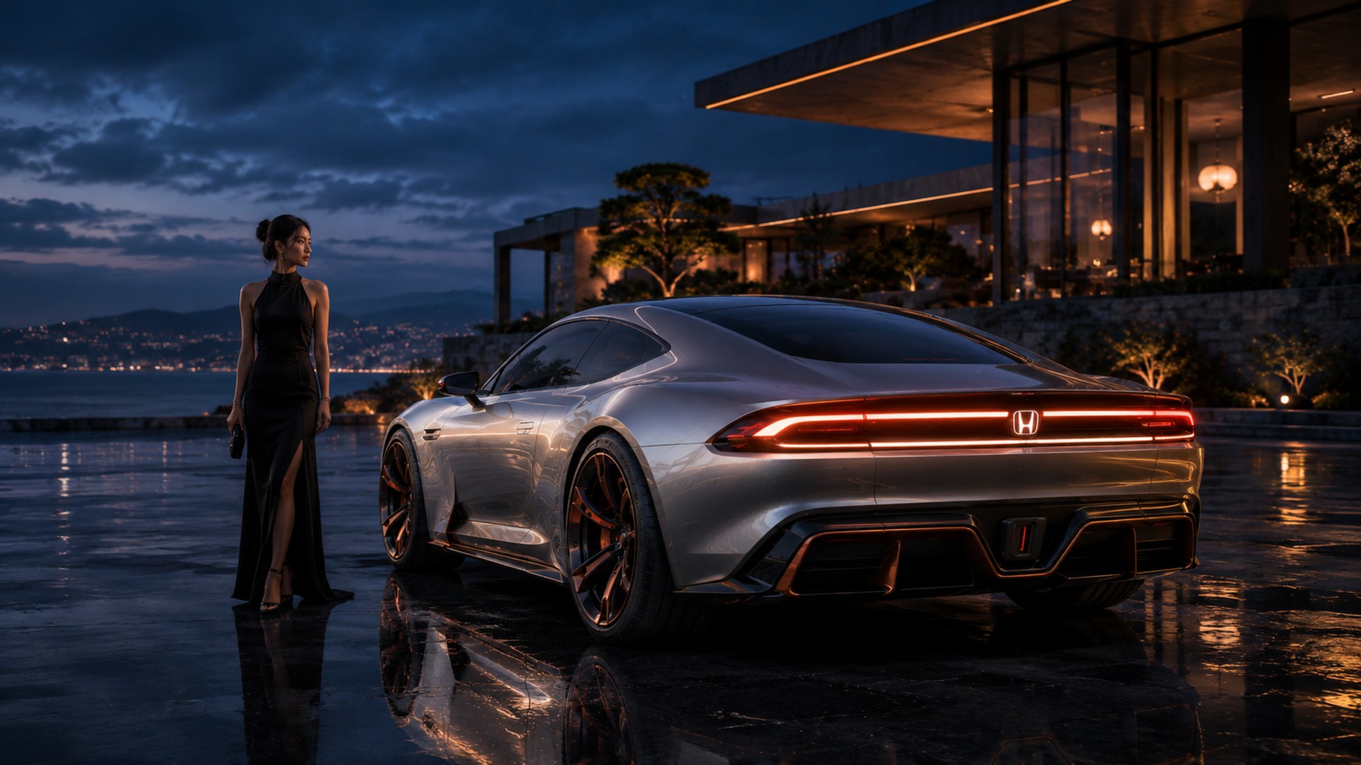 AI-created silver Honda Prelude concept outside a modern villa