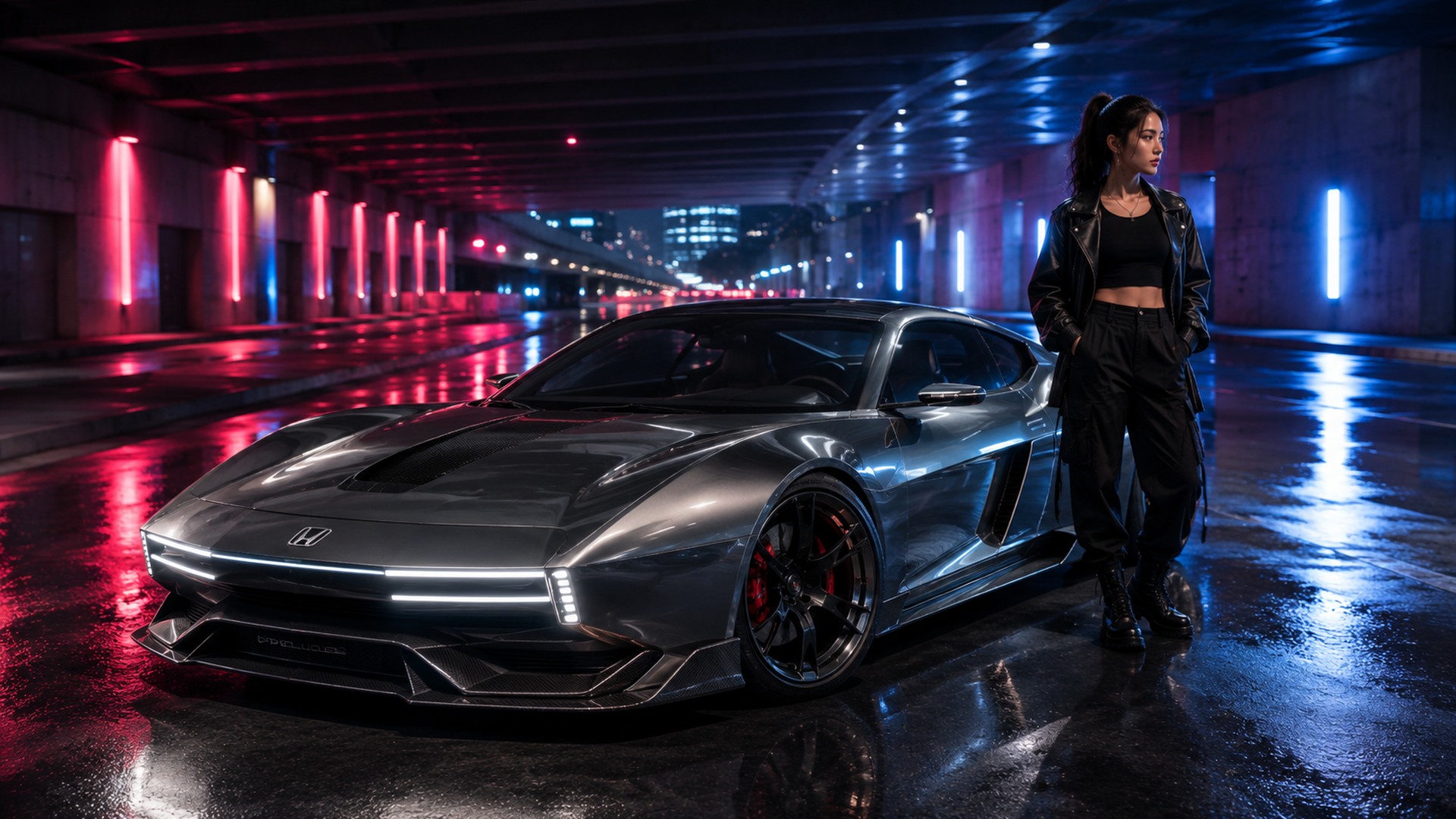 AI-created dark Honda Prelude concept in a neon tunnel