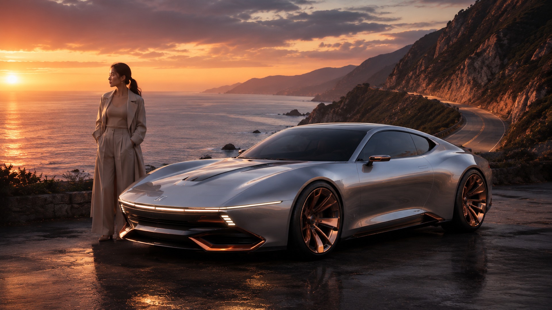 AI-created silver Honda Prelude concept on a coastal road at sunset