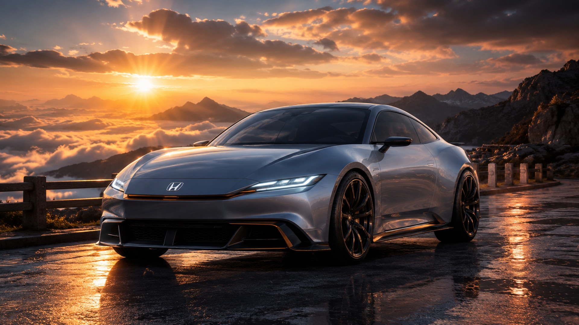AI-created silver Honda Prelude concept above the clouds at sunrise