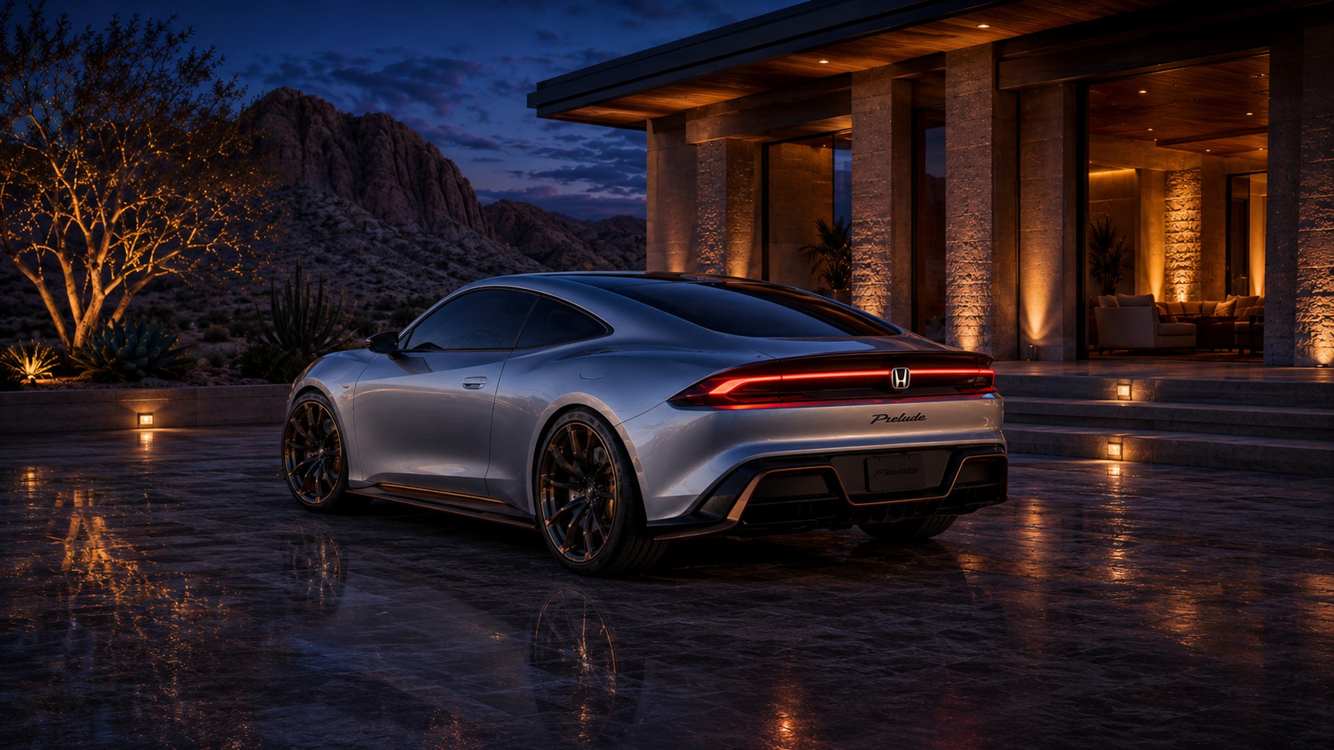 AI-created silver Honda Prelude concept outside a desert villa