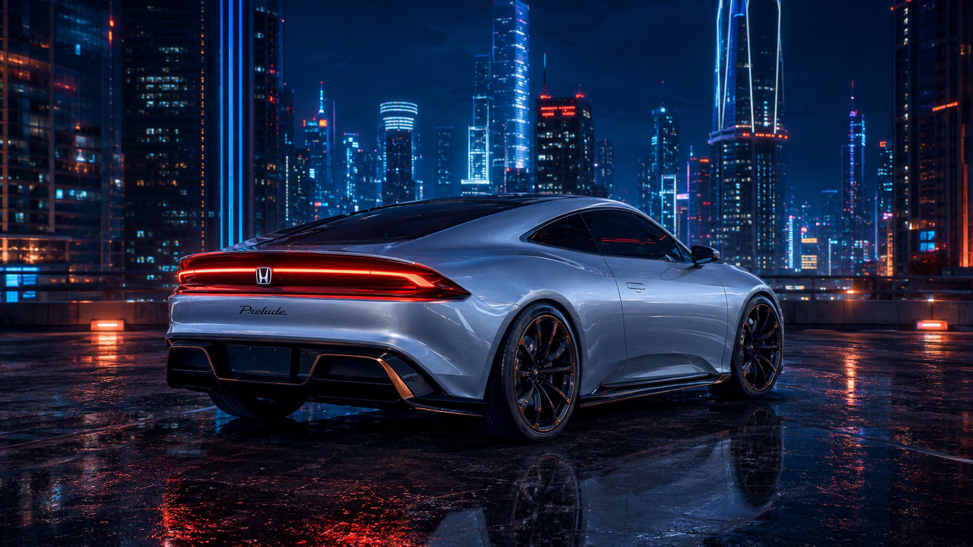 AI-created silver Honda Prelude concept in a neon city